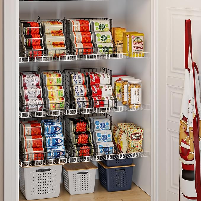 Stackable Can Organizer for Pantry with 2 Adjustable Dividers, Soda Can Organizer, Can Storage Dispenser Holds up to 28 Cans, 2 tier Metal Wire Baskets Can Holder for Kitchen Cabinet Pantry, Black - Image 3