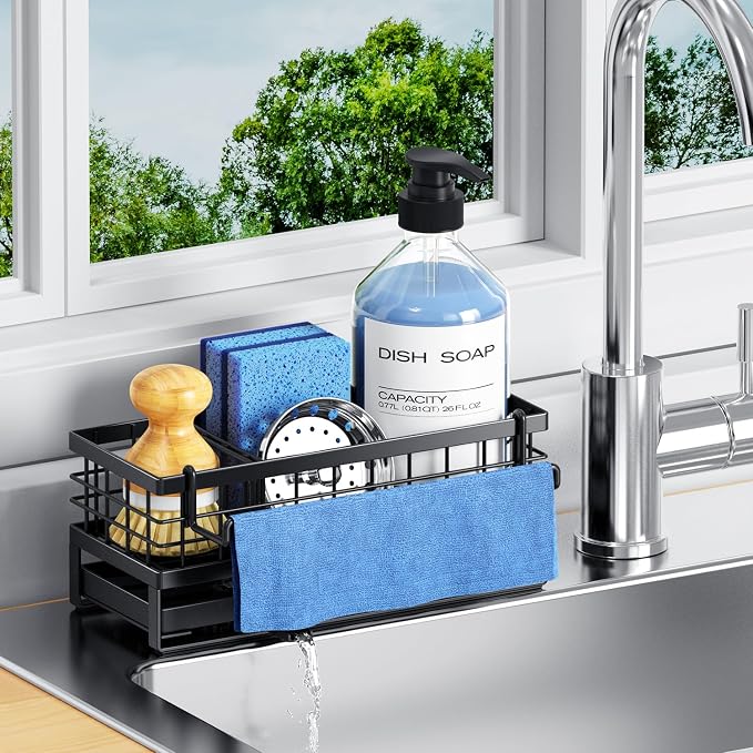 Metal Kitchen Sink Sponge Holder, Countertop Sink Caddy, Black | Rustproof Kitchen Caddy Sink Organizer, Non-Slip Sponge Caddy with 360° Self-Draining Tray, Detachable Dish Cloth Holder by DYFVRENKITCHENLIFE