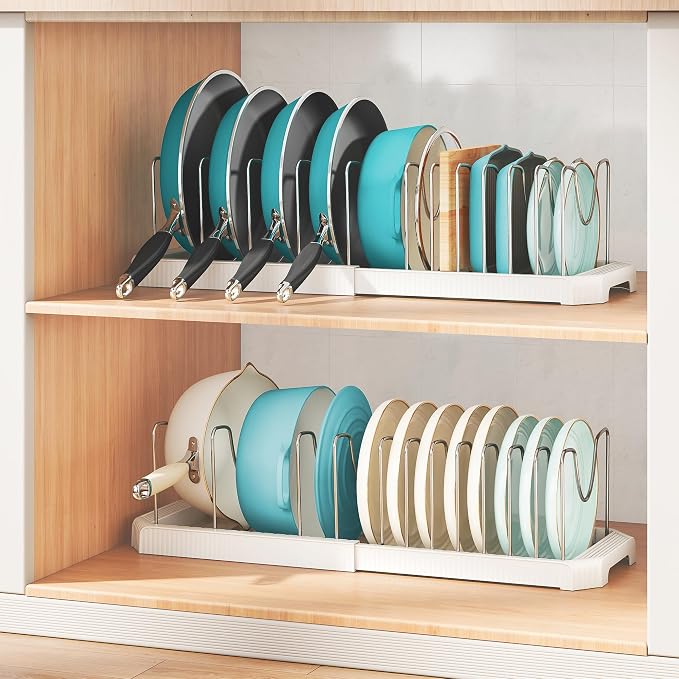 Expandable Pan Organizers Inside Cabinet with 12 Dividers White | Extends 12.9-21.9", Holds cookie sheets, cutting boards, pot lids and pans, iron dividers, plastic base, under cabinet rack - Image 9