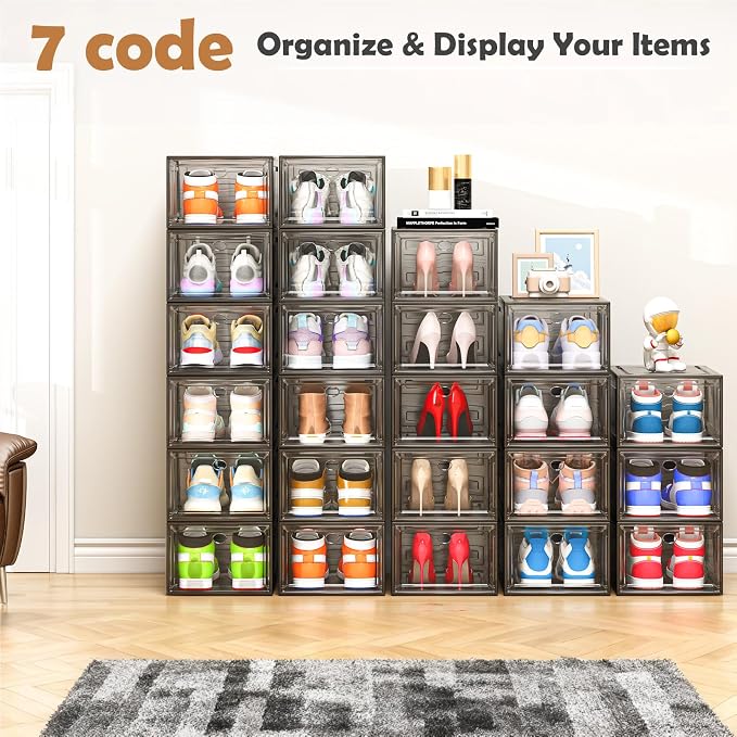 12 Pack Shoe Organizer, Stackable Shoe Storage Boxes with Magnetic Door | Clear Plastic Shoe Boxes for Sneakers, Boots & Heels, Foldable Space-Saving Shoe Rack for Closet, Durable Shoe Cabinet, Black - Image 8