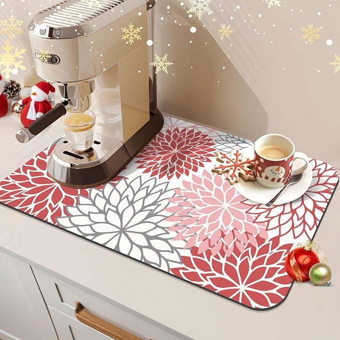 Findosom 2PCS 12" x 20" Christmas Dish Drying Mat & 24" x 5.5" Sink Splash Guard, Super Absorbent & Cuttable Dish Mat Drying Kitchen Mat with Red Floral, Hide Stain Drying Mat for Kitchen Counter - Image 9