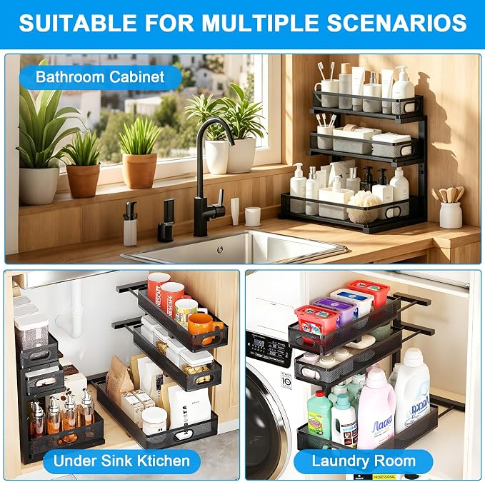 Thickened Meta 3-Tier Pull Out Under Sink Organizer 2 Pack | Height Adjustable Slide out Storage Drawer Rack for Kitchen Bathroom Home Organization| 35% More Storage Capacity - Image 6