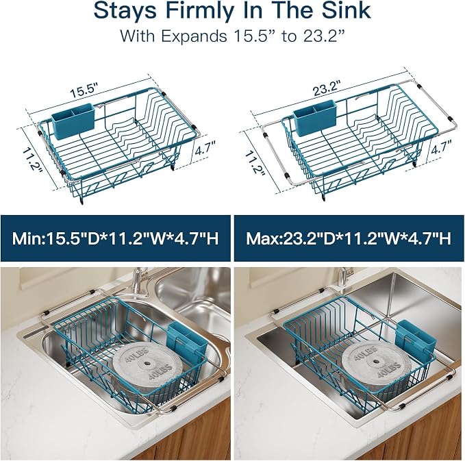Blue Dish Drying Rack Over Sink with Utensil Holder, Drainboard | Expandable Stainless Steel Dish Drainer for Small Kitchen, Apartment, RV, Counter Space Saving, Perfect Fit, Rustproof - Image 3