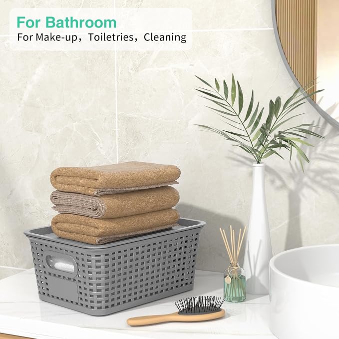 8 Pack Plastic Storage Baskets,Grey Stackable Bins with Lid | 5.3qt Storage Containers with Labels for Organizing Shelves Drawers Desktop Closet Playroom Classroom Office - Image 6