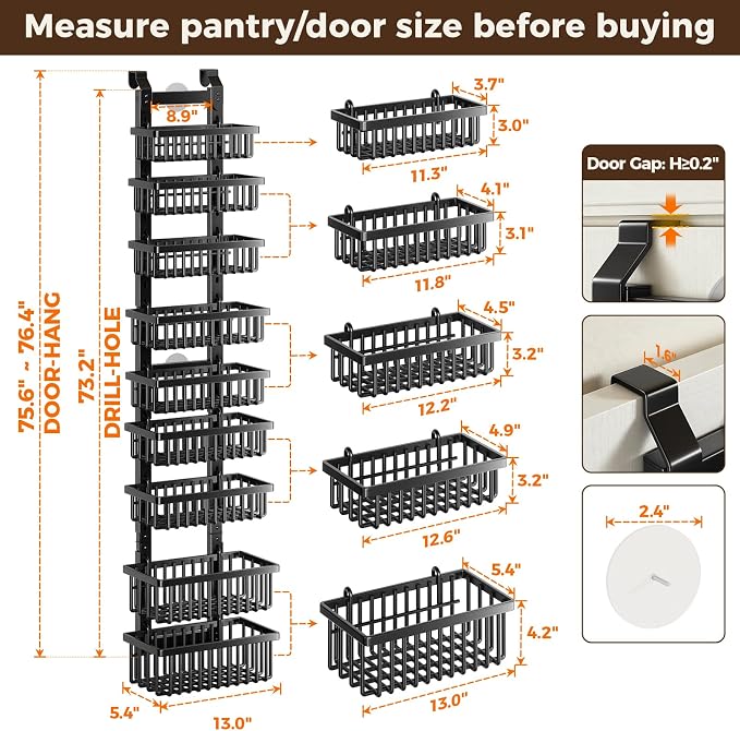 POKIPO 9 Tier Narrow Over The Door Pantry Organizer, 2 in 1 Wall Mount or Hanging Spice Rack with Adjustable Deep Basket, Heavy-Duty Seasoning Organizer and Storage for Kitchen Closet Bathroom - Image 2
