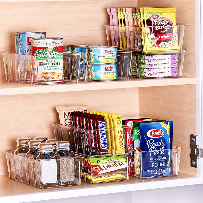 Puricon 4 Pack Pantry Organization and Storage Bins for Kitchen Fridge | Stackable Clear Plastic Storage Racks with Removable Dividers for Countertop Cabinet, 5 Compartments for Snacks Packet Spices - Image 3