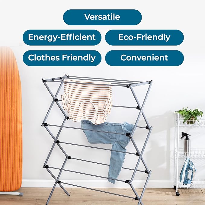 Honey-Can-Do Oversized Collapsible Clothes Drying Rack, 35", 50 lb, Grey | Oversized 35" x 45" steel rack holds 50 lb and folds flat for storage. Air-dry a full load indoors or outdoors. - Image 4