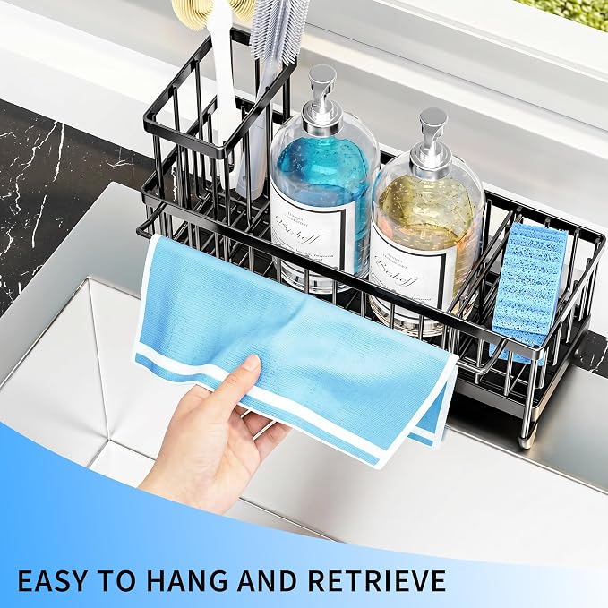 Moforoco Larger Version Sponge Holder for Kitchen Sink, Sink Caddy with High Brush Holder, Kitchen Sink Organizer Countertop Rustproof 304 Stainless Steel (Black with Towel Rack) - Image 4