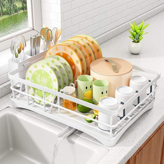 SAYZH Dish Drying Rack for Kitchen Counter with Utensil Holder, White | Stainless Steel, Large Capacity, Angled Drainboard, Rotating Spout, Removable to Clean by SAYZH