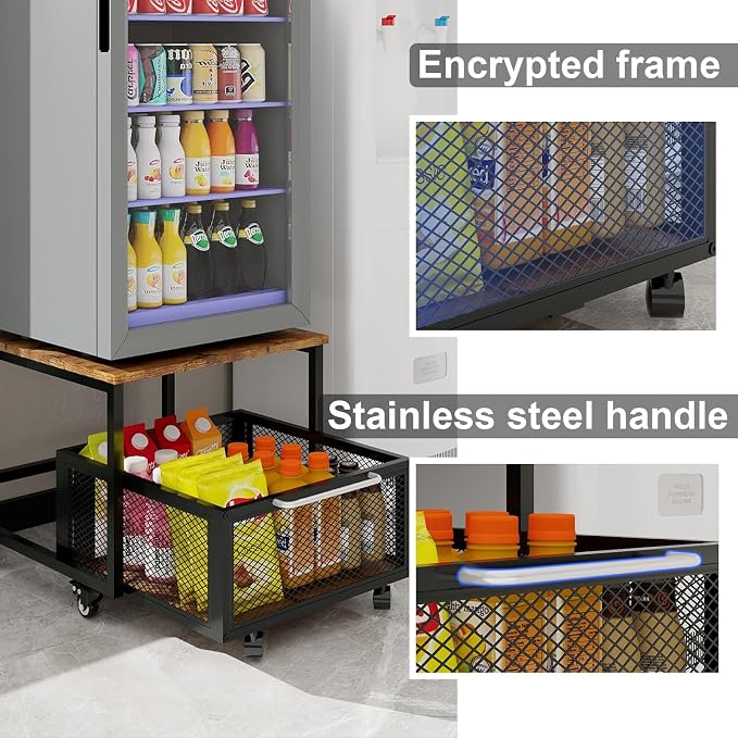 PUNCIA 19.7" x19.7" Mini Fridge Stand with Storage Fridge Cart, Retro | Mobile Beverage Refrigerator Stand, Compact Refrigerator Organizer with Drawer & Rolling Basket for Home Office - Image 4