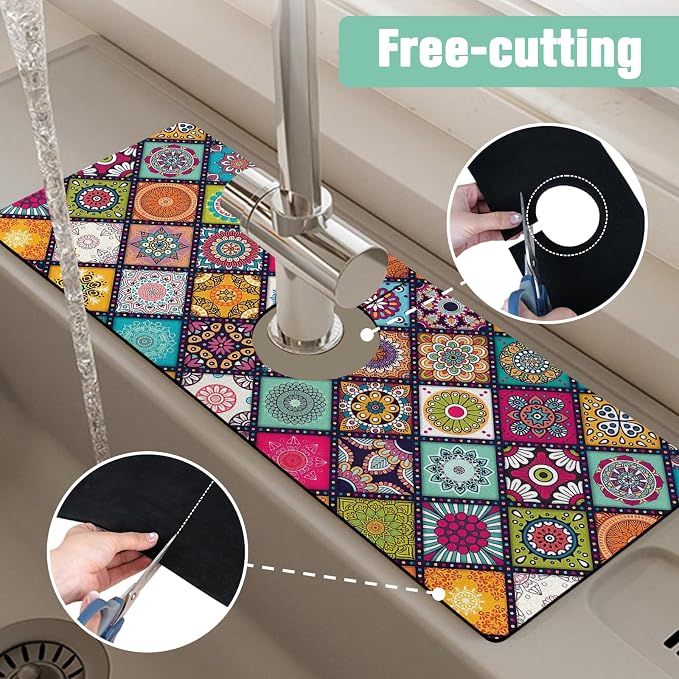 2 Pack 2 Pack Kitchen Sink Splash Guard Faucet Mat 15" X 5.5" Mandala Absorbent Fast Drying Mat Faucet Draining Mat Sink Splash Guard Behind Faucet Drip Catcher for Kitchen Bathroom - Image 6