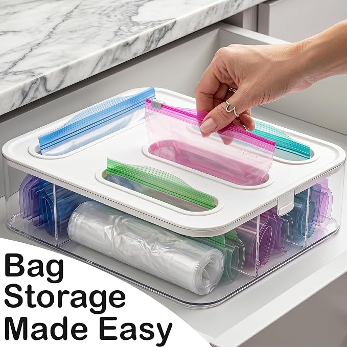 Bag Storage Organizer for Kitchen Drawer, Plastic Bag Container Holder | Quickly & Easily Stores Gallon, Quart, Sandwich, Snack | Space Saving Kitchen Organizer & Baggie Dispenser - Image 3