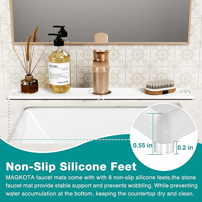 Stone Faucet Mat for Kitchen Sink - Quick Dry Diatomite Sink Splash Guard, Prevents Moisture Buildup & Water Stains, Water Absorbing Stone Tray for Bathroom Countertop (White, 23.6" x 4") - Image 5
