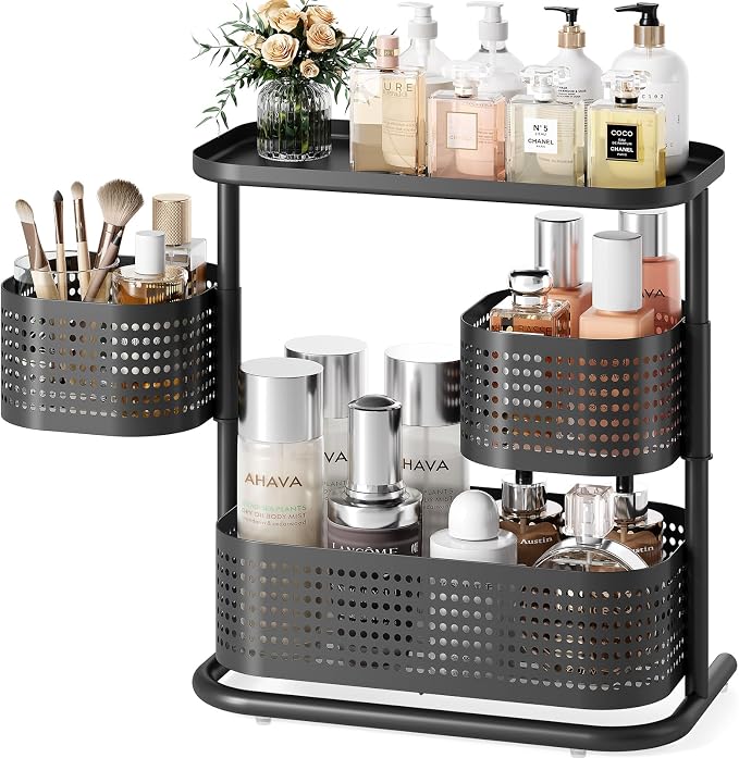 KINGRACK Metal Bathroom Counter Organizer，Rotating Countertop Storage Shelf | 3 Tier, Cosmetic Holder for Skincare & Makeup, Kitchen Spice Rack, Bedroom Nightstand Organizer, Black by KINGRACK