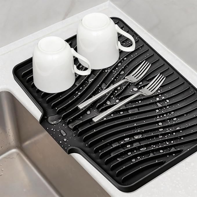 TIKNIK Silicone Dish Drying Mat for Kitchen Counter, Black-1pc, 20" x 15" | Heat Resistant & Non-Slip Dish Drain Pad with Built-In Drain, Dishwasher Safe, Quick-Dry, Hangable & Roll-Up for Storage by TIKNIKHomeOutdoor