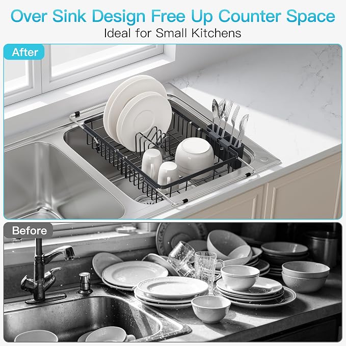 JASIWAY Gray Dish Drying Rack Over the Sink with Utensil Holder | Expandable Stainless Steel Dish Driainers for Small Kitchen, Apartment, Counter Space Saving, Fast Drain, Rust Resistant - Image 2