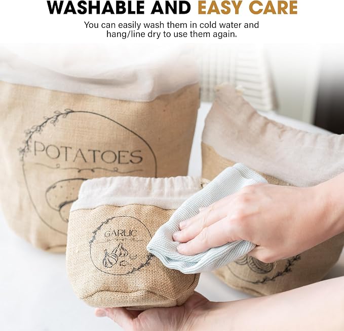 Potato Storage Bag | Natural Jute Potato Onion Garlic Storage Set for Pantry | Breathable & Fresh Onion Potato Storage | Easy to Clean Potato and Onion Storage Bag | Air Flow, Light Blocking - Image 6