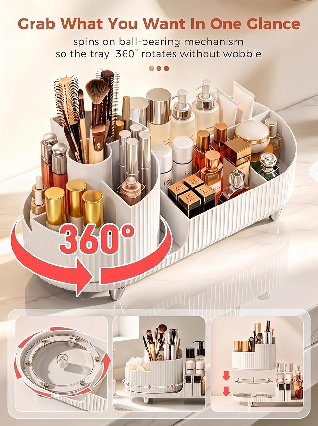 Booklov Rotating Makeup Organizer for Vanity Countertop, White | Plastic Cosmetic Display Case, Large Beauty Brush Holder for Bathroom Counter, Skin Care Perfumes Storage - Image 6