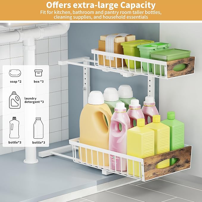 2 Pack Reinforced Metal Under Sink Organizer with Sliding Drawer, L-Shaped Adjustable Height Pull Out Cabinet Organizer with Wooden Handle, Under Bathroom Sink Storage for Kitchen, Pantry, White - Image 6