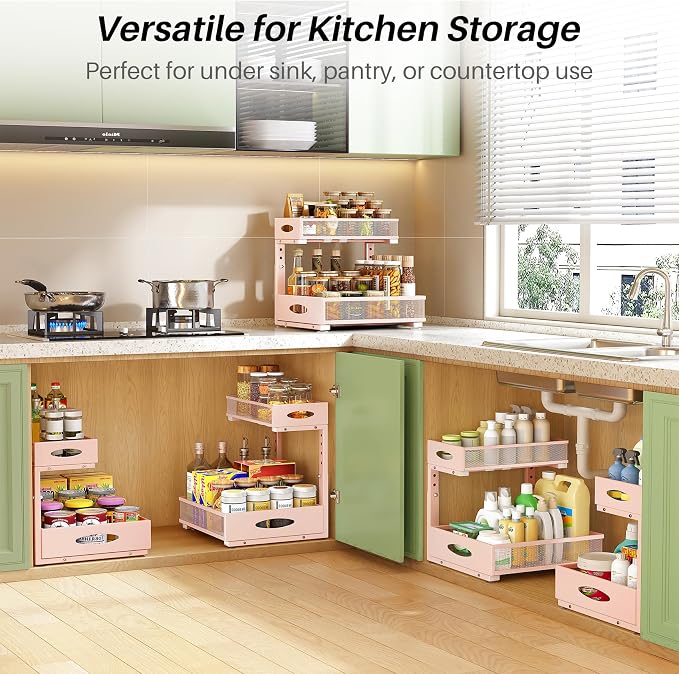 Under Sink Organizer, 1-Pack Pull Out Cabinet Organizer 2 Tier Metal Slide Out Storage Shelf Rack, L-Shaped Adjustable Height,Mesh Sliding Drawer for Kitchen, Bathroom, Laundry, Pantry, Pink, XL - Image 9