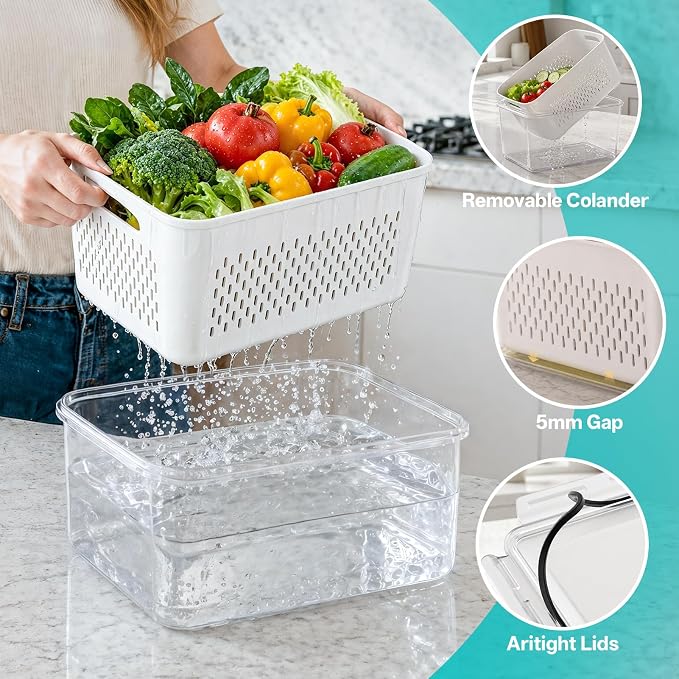 HOMETALL 5 Pack Fruit Storage Containers for Fridge Set, Fruit Washing Bowl with Strainer, Reusable Fridge Organizers and Storage for Berry Salad Lettuce, Size 4.5, 3.4, 1.8, 0.9, 0.4QT - Image 2
