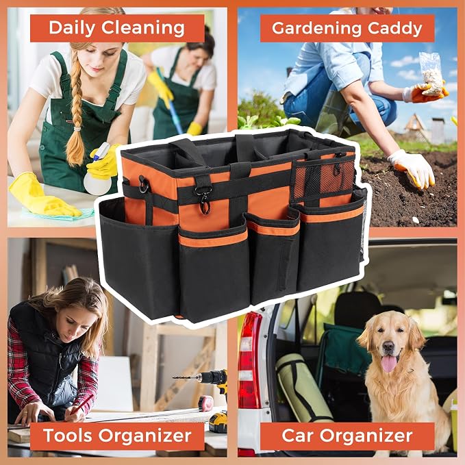 SCAVATA Wearable Cleaning Caddy, Cleaning Caddy Supplies Organizer with Handle & Shoulder Straps for Housekeepers, Under Sink & Car Cleaning Tool Organizers Bag with 4 Foldable Divider (RetroOrange) - Image 7