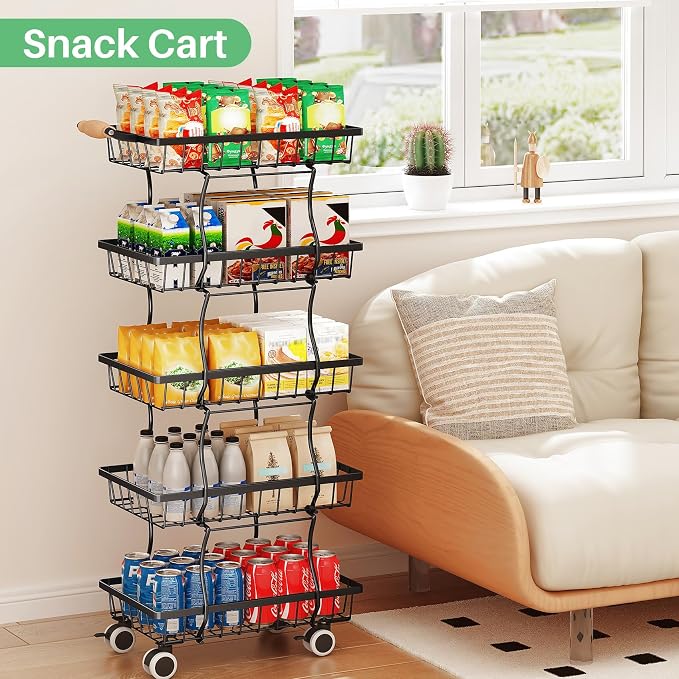 SAYZH 5-Tier Fruit Basket Stand with Vegetable Baskets for Kitchen, Black | Stackable Metal Wire Basket, Sturdy Rolling Storage Carts for Kitchen, Pantry Organizer, Snack and Jar Storage - Image 6