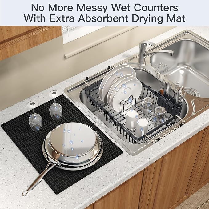 Grey Dish Drying Rack Over The Sink with Utensil Holder, Mat | Expandable Stainless Steel Dish Drainer for Small Kitchen, Apartment, RV, Counter Space Saving, Perfect Fit, Rustproof - Image 6
