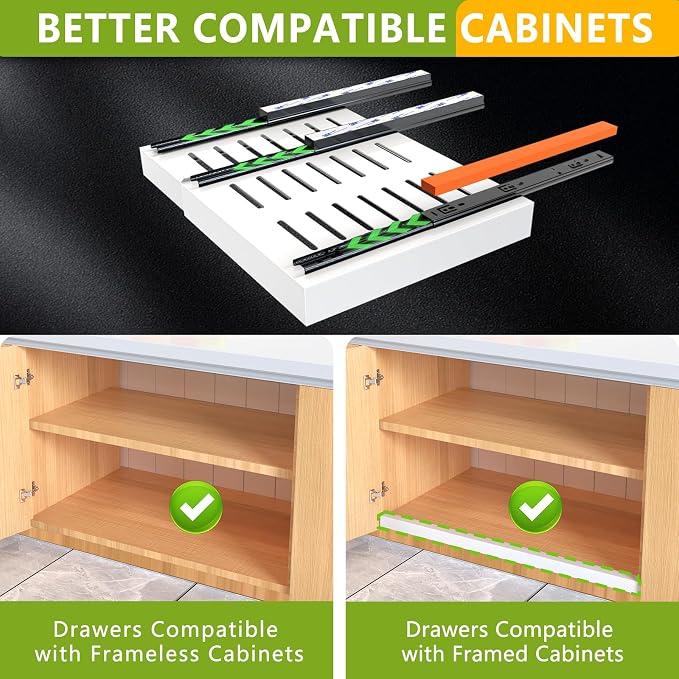 2 Pack Pull Out Cabinet Organizer 21" Deep Expandable Slide Out Drawer Organizers,No Drill Pull Out Drawers Adhesive with Nano Compatible Framed Cabinets Shelves For Kitchen Pantry Adjustable Width - Image 2