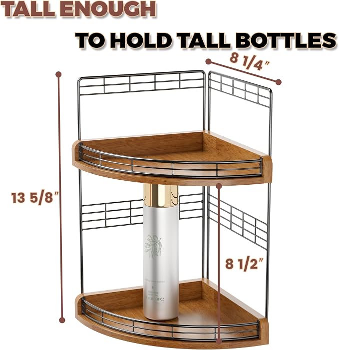 Bathroom Countertop Corner Organizer for Small Spaces, 2-Tier Counter Shelf | Oak Wood & Iron, Fan-Shaped Counter Shelf for Sink & Vanity Corners, Skincare, Toiletries, Compact Vertical Storage, Walnut - Image 2