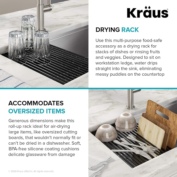 Kraus Multipurpose Workstation Sink Roll-Up Dish Drying Rack, Colander and Trivet in Light Grey, KRM-11LG - Image 6