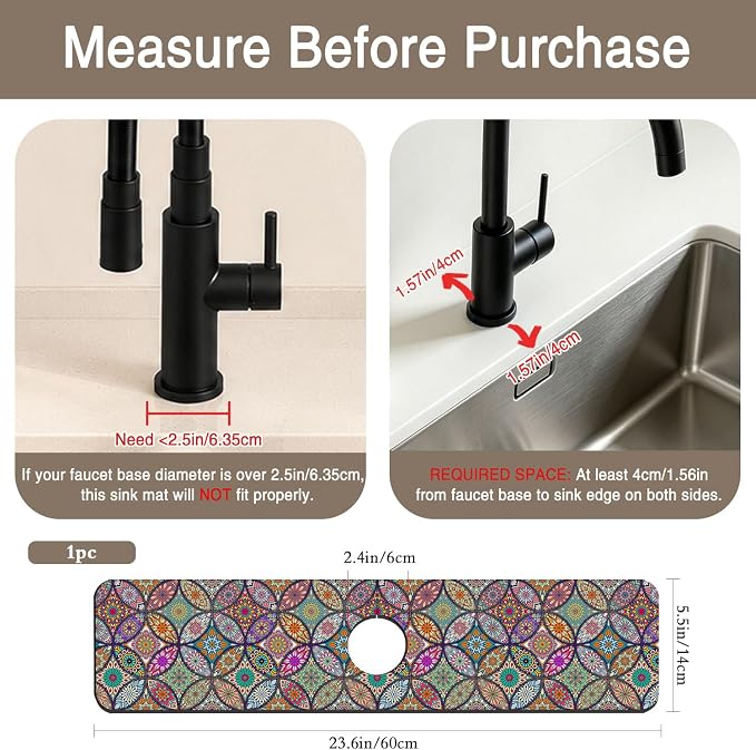 Kitchen Faucet Mat Islam Mandala Floral Flower Sink Splash Guard Behind Faucet Draining Mat Kitchen Accessories Non-slip Easy to Clean for Bathroom & Kitchen 24"X5.5" - Image 2