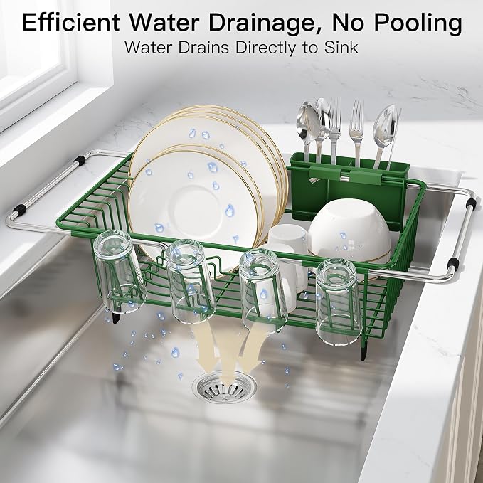 JASIWAY Green Dish Drying Rack in Sink with Drainboard and Utensil Holder | Use Over the Sink or Counter, Stainless Steel Expandable Dish Drainer for Small Kitchen, Space Saving, Fast Drain, Rustproof - Image 9