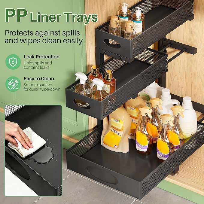 Kitstorack Under Sink Organizer 3-Tier Slide Out Drawer 1-Pack Black | Height Adjustable, Metal Mesh Storage Rack, Pull out Cabinet Organizer Shelf for Bathroom Kitchen Pantry Home Organization - Image 8