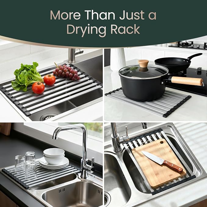 Meowoo Rectangle Dish Drying Rack, 15.7" x 13" Roll Up Over The Sink Dish Drainer Rack, Non-Slip Silicone Base, Stainless Steel Drying Rack for RV & Small Kitchen Sink, Black - Image 7