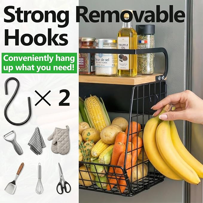 2 Pack Magnetic Spice Storage Rack Organizer for Refrigerator, Magnetic Shelf for Fridge with Wood Lid, Organizer for Kitchen & Laundry, Potato and Onion Storage Bins, Large Container, Strong Magnets - Image 5