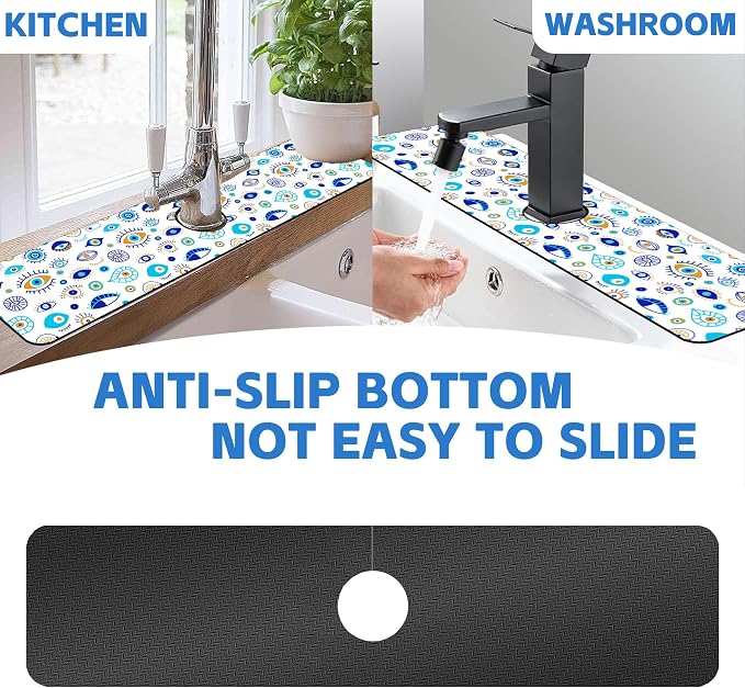 Faucet Mat for Kitchen Sink Doodle Drawing Evil Eyes Sink Splash Guard Behind Faucet Soft Diatom Mud Material Non-slip Easy to Clean for Bathroom & Kitchen 24"X5.5" - Image 7