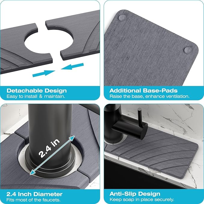 SpaceHacks Stone Faucet Mat for Kitchen Sink 15.7x4 in, Dark Gray | Fast Drying Diatomite Stone Drying Mat, Water Splash Guard, Textured Drainage Sink Protector, Suits Bathroom&Kitchen Counter - Image 5