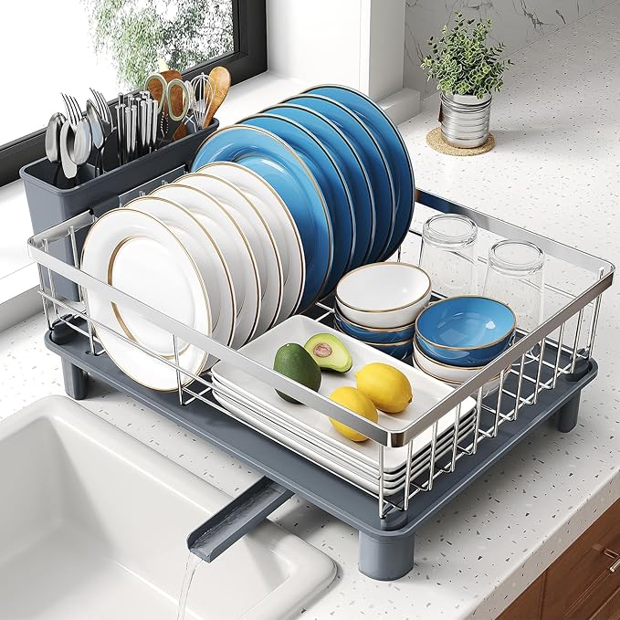 SNTD Dish Drying Rack for Small Kitchen Counter, 12.9" W x 16.9" L, Silver | Space Saving, Rotating Spout & Angled Drainboard for Quick Drainage, Stainless Steel, Removable Utensil Holder by SNTD