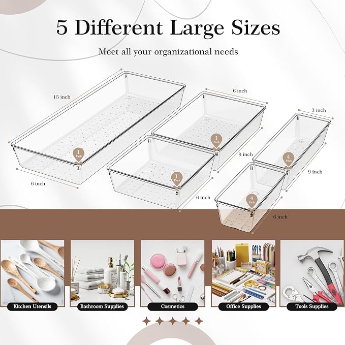 11 PCS Clear Plastic Drawer Organizer Set - 5 Large Size Versatile Kitchen and Bathroom Organizer Trays, Non-Slip Storage Bins for Makeup, Utensils, Tool and Office Desk - Image 2