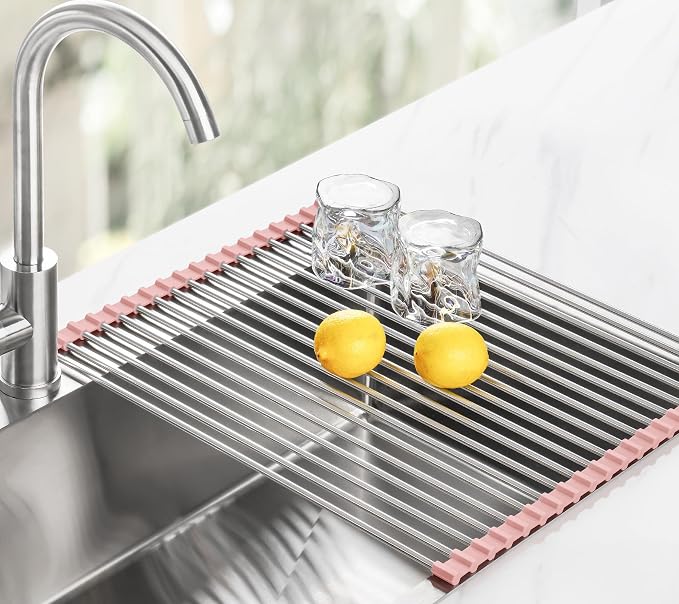 Tomorotec Roll Up Dish Drying Rack Over Sink, 304 Steel, 21x15.5, Pink | Anti-Slip Silicone Rims For Grip, Heat-Resistant Trivet Mat Holding Heavy Cookware, Rustproof Kitchen Counter Space Saver - Image 8