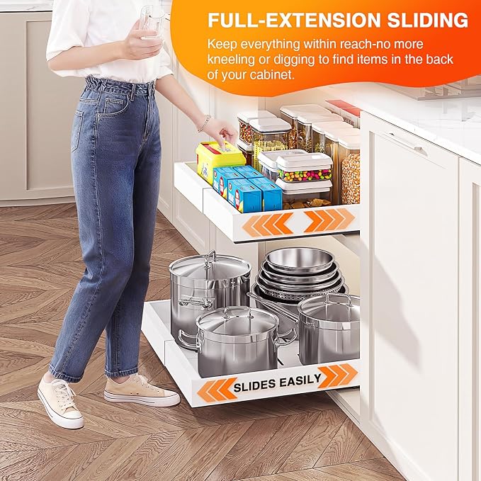 Expandable Pull Out Cabinet Organizer,16.5-26.7" Wx16.54''D,4 Pack | Upgraded 3 Quiet Slide Rails, Nano-Film Adhesive Fixing, White, Fit Kitchen/Living Room/Bathroom/Vanity - Image 2