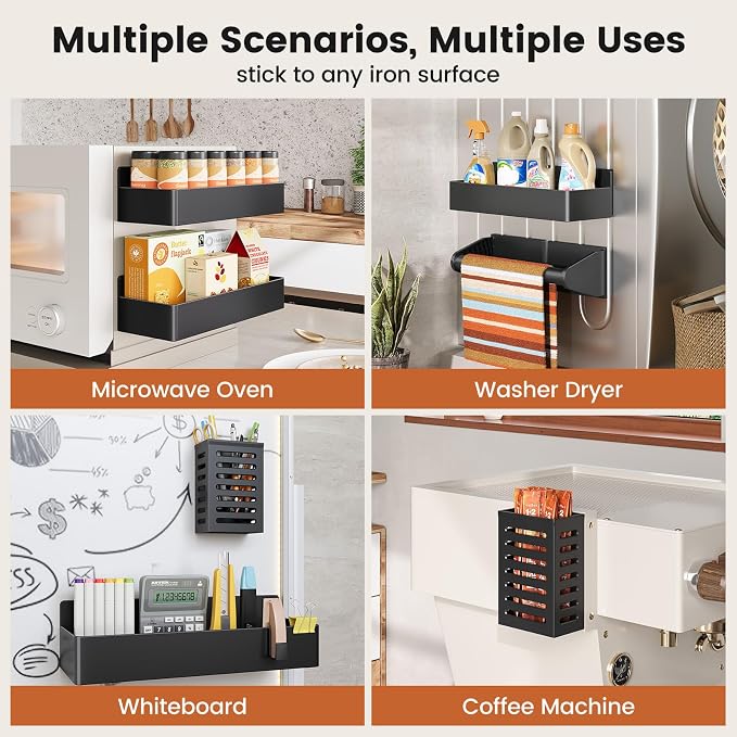 Magnetic Spice Rack for Refrigerator,6 Pack Magnetic Shelf,Fridge Magnet Organizer with Paper Towel Holder,Utensils Racks,Hook Rack,Deepened Basket,Fridge Organizers and Storage Black(6 Pack) - Image 6