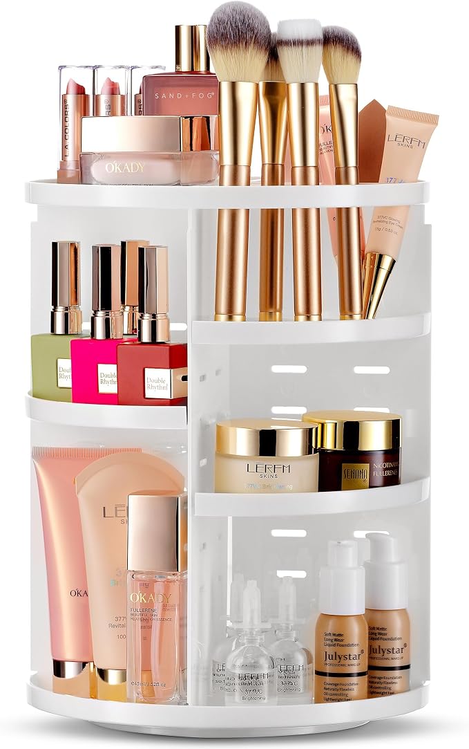 Masirs 360 Rotating Makeup Organizer Countertop, Adjustable Shelf, White | 360-Degree Rotating Makeup Organizer, Adjustable Shelf Height, Cosmetic Perfume Skincare Storage, Vanity Countertop, White by Masirs