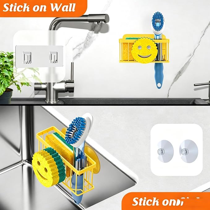 MURLONG Sponge Holder Smiley Face,Sink Caddy for Kitchen Sink,Kitchen Organizer Sponge Holder with 2 PCS Suction Cups/1 PCS Adhesive Strips,Designed for Sponge,Soap,Dish Brush,Scrubber-Yellow - Image 6