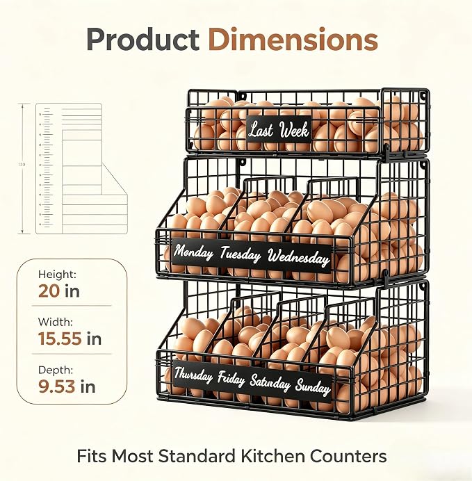 Egg Holder Countertop, Large 3T Chicken Egg Basket for Gathering Fresh Eggs | Egg Storage Organizer with Adjustable 5 Divider & Label, Stackable Wall Mounted Egg Collecting Basket Rack, XXL Black - Image 3