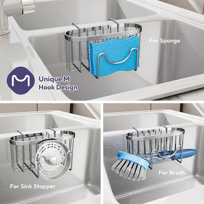 SWTYMIKI Sponge Holder for Kitchen Sink - Movable Kitchen Caddy with M Shape Hook, Stainless Steel Hanging Sponge Caddy for Sponges, Brush, Stopper Organizer in Double Bowl Sink, Silver - Image 3