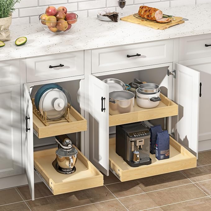 WelFurGeer 2-Tier Pull Out Cabinet Organizer with Soft Close Slides, Heavy-Duty Pull Out Drawers for Cabinets, Slide Out Shelf for Kitchen, Bathroom, Pantry & Under Sink, Solid Birch Wood - Image 2