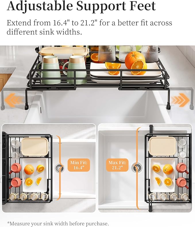 SAYZH Expandable Dish Drying Rack for Kitchen Counter, Metal, Black | Foldable Over Sink, Large Capacity, Rust-Resistant, Adjustable for Most Sinks, Automatic Drainage, Removable Utensil Holder - Image 6