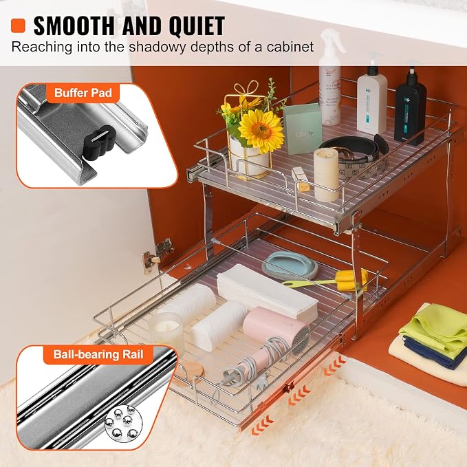 VEVOR 2 Tier 17"Wx21.2"Dx15.2"H Pull Out Cabinet Organizer, Heavy Duty Slide Out Pantry Shelves, Steel Roll Out Drawers, Sliding Drawer Storage for Home, 18.5"Wx22.5"Dx19"H Install Size for Cabinet - Image 3